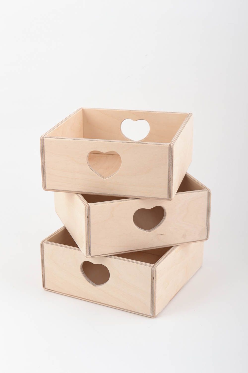 Set of 3 handmade plywood craft blanks DIY boxes with hearts photo 2