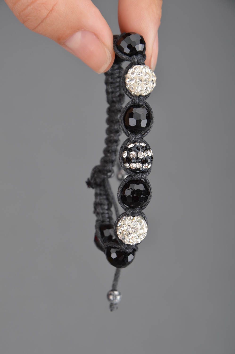 Handmade cute black thin beautiful woven bracelet with beads with strasses photo 3