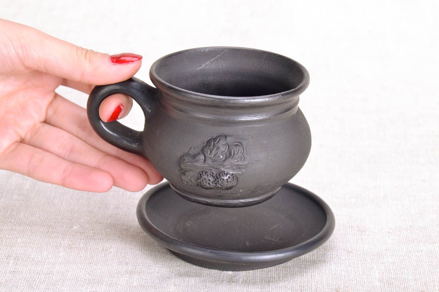 Black clay coffee cup Oak Branch with handle and saucer photo 5