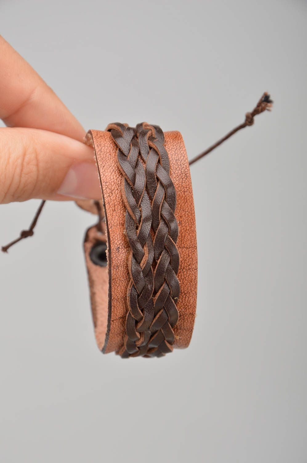 Handmade designer dark brown natural leather wide wrist bracelet with rivets photo 3