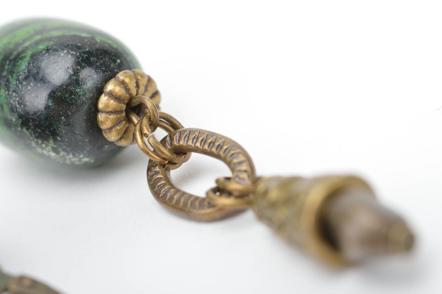 Massive designer stylish cute handmade metal earrings with big green beads photo 4