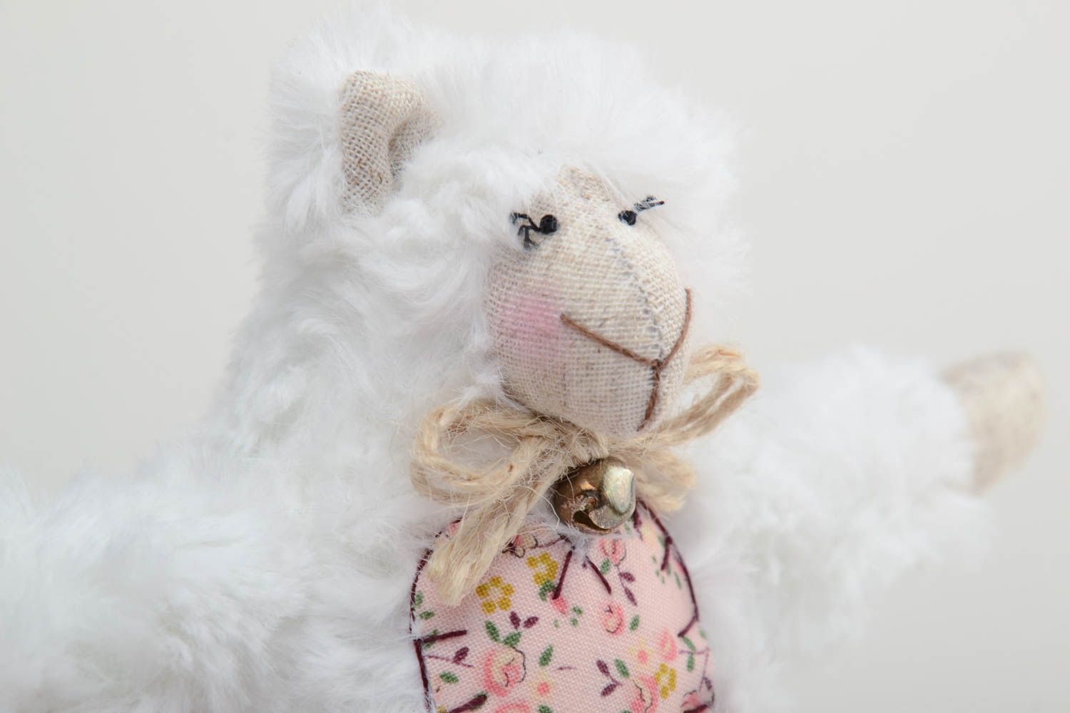Handmade designer fluffy soft toy lamb sewn of faux fur with heart and tiny bell photo 3