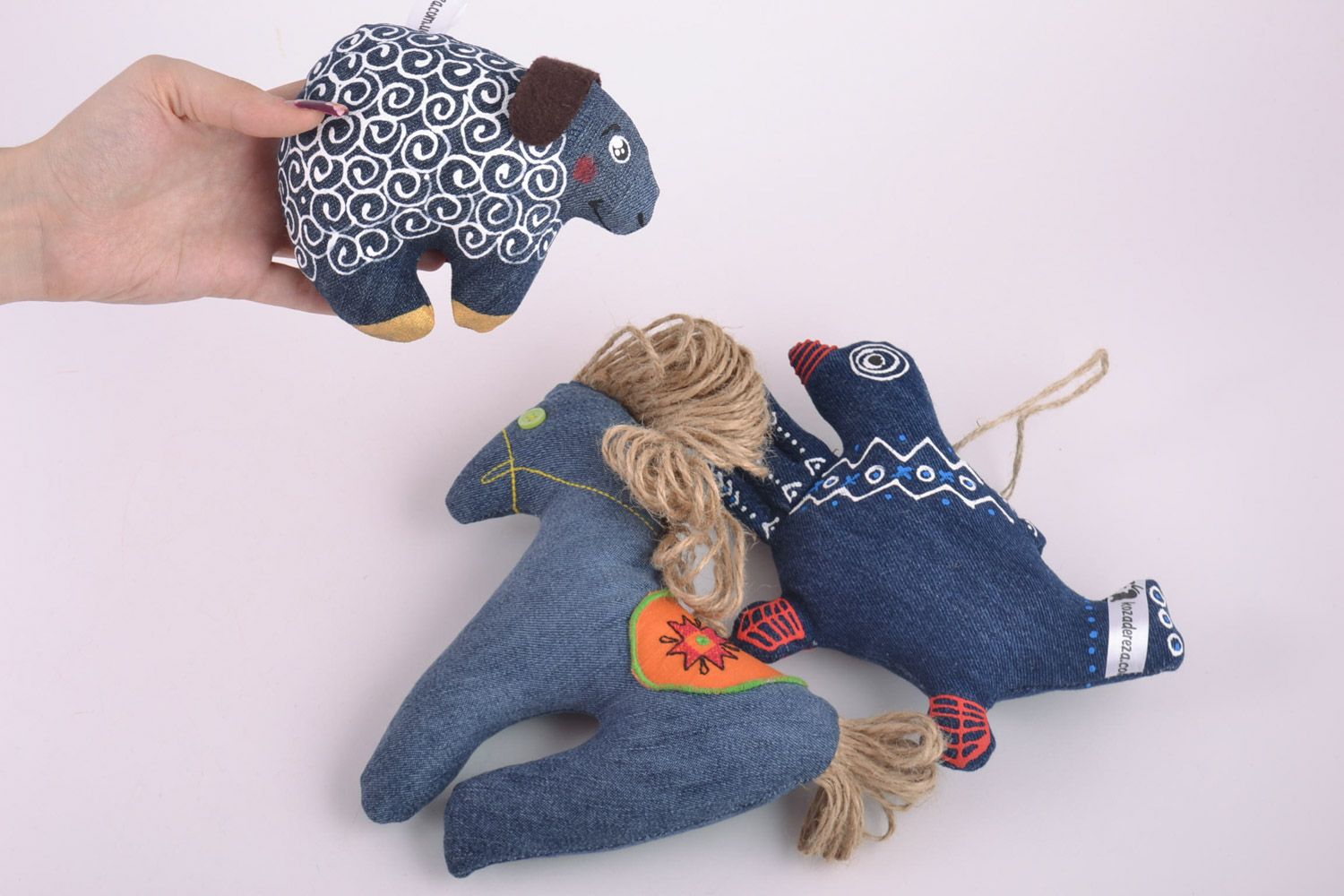 Set of 3 handmade soft toys sewn of denim fabric filled with buckwheat husk photo 5