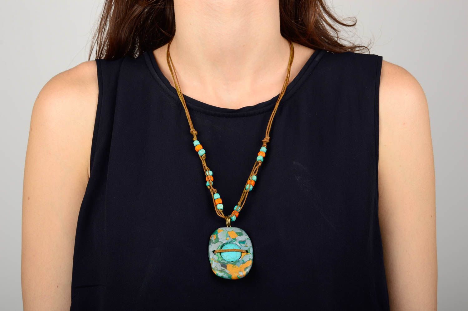 Handmade female necklace unusual stylish jewelry polymer clay pendant photo 5