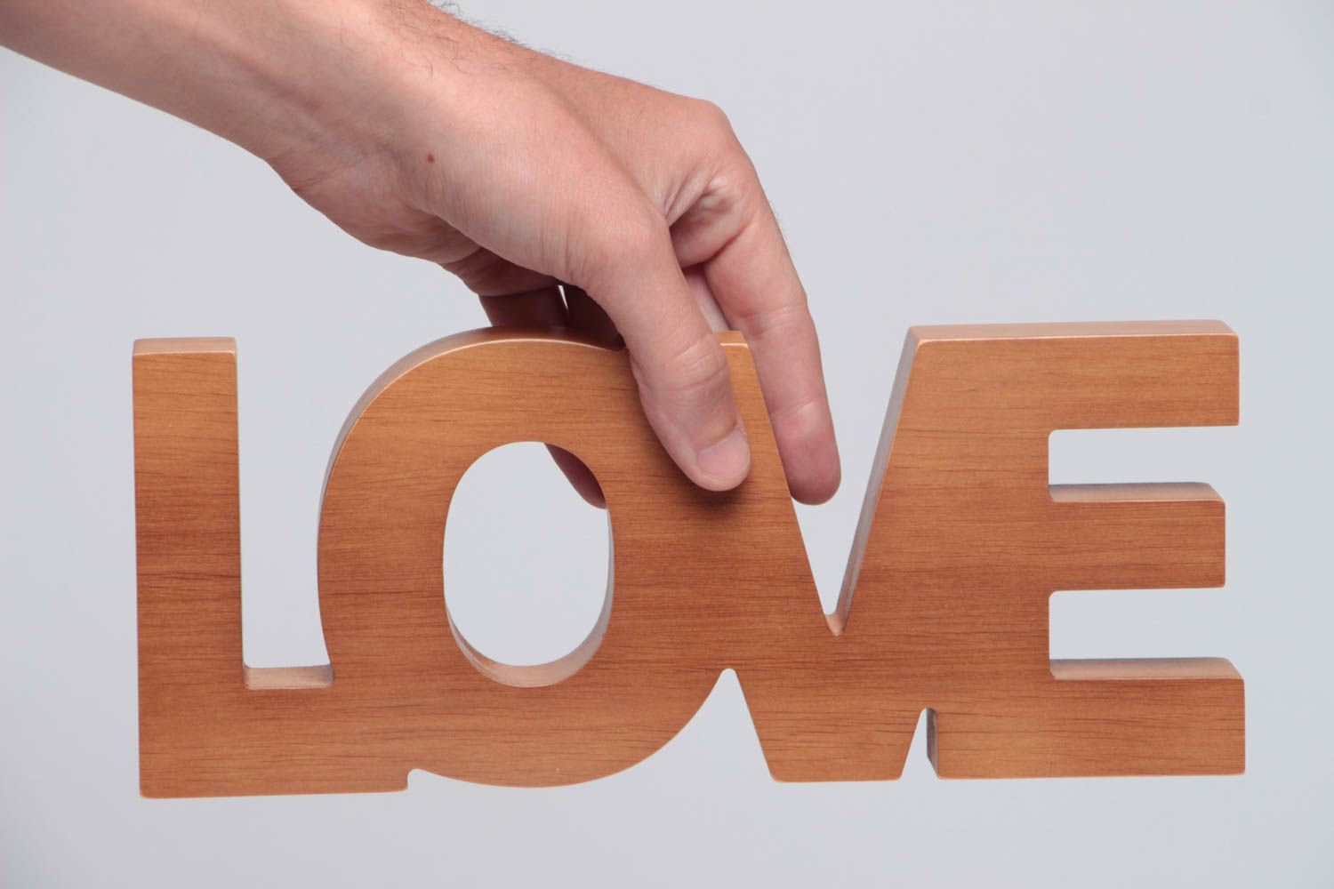 Handmade decorative volume brown word Love cut out of alder wood for interior photo 5