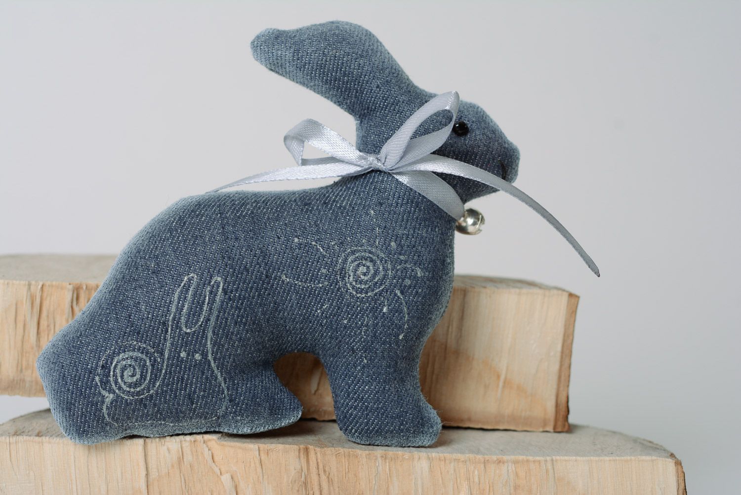Handmade designer interior soft toy sewn of dark blue denim fabric Rabbit  photo 3