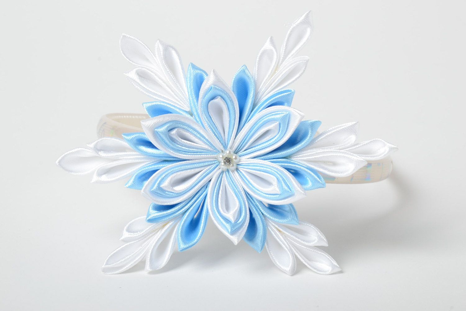 Festive headband with white and blue flower hand made of satin ribbons  photo 2