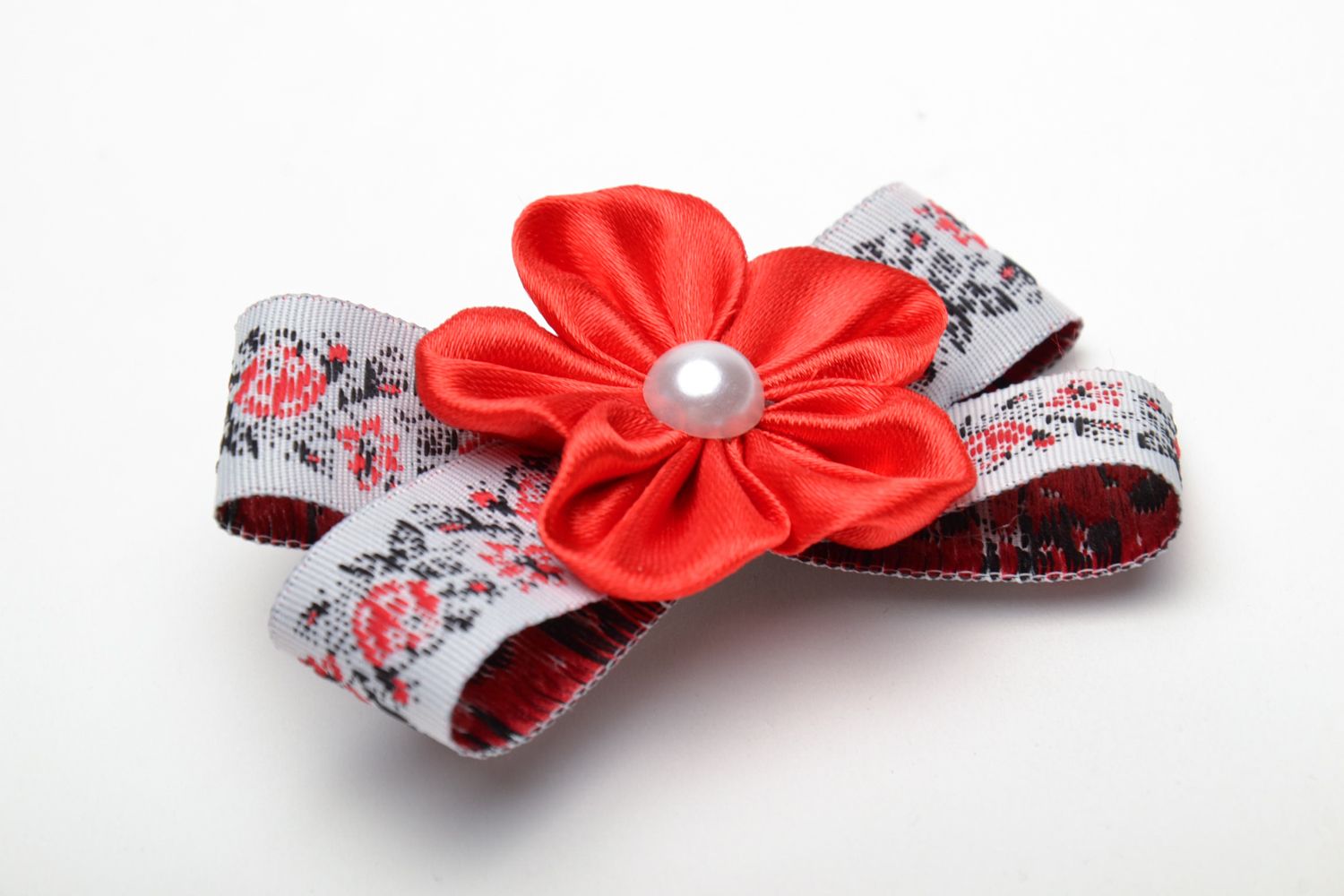 Belle barrette faite main originale avec noeud de ruban et fleur rouge  photo 2