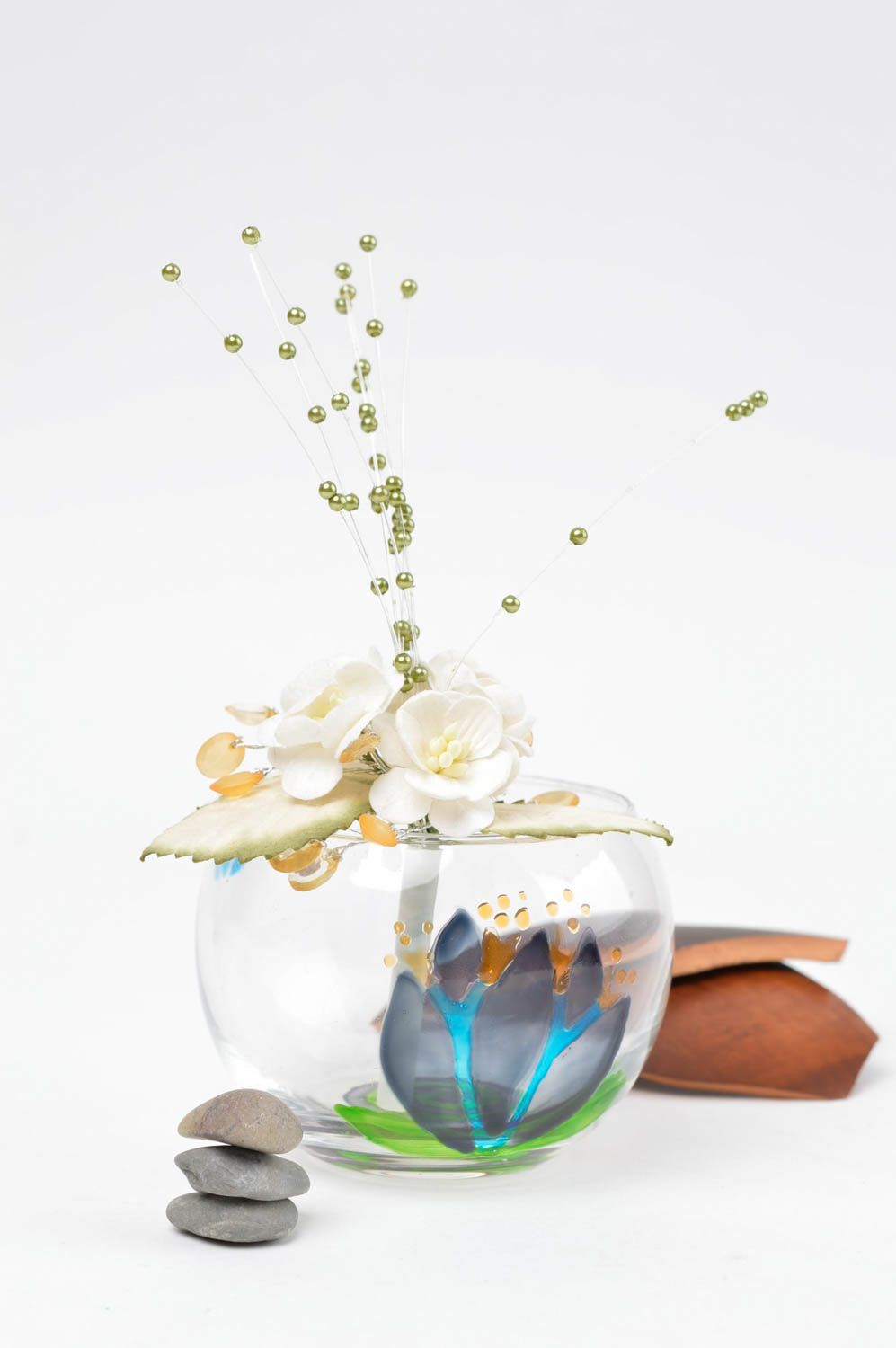 Стеклянная ваза ручной работы с цветами из бумаги декоративная ваза композиция фото 1