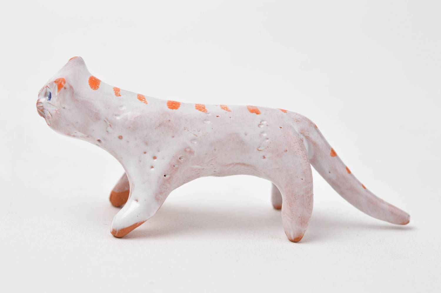 Figurine chat Statuette miniature fait main argile blanc orange Déco maison photo 7