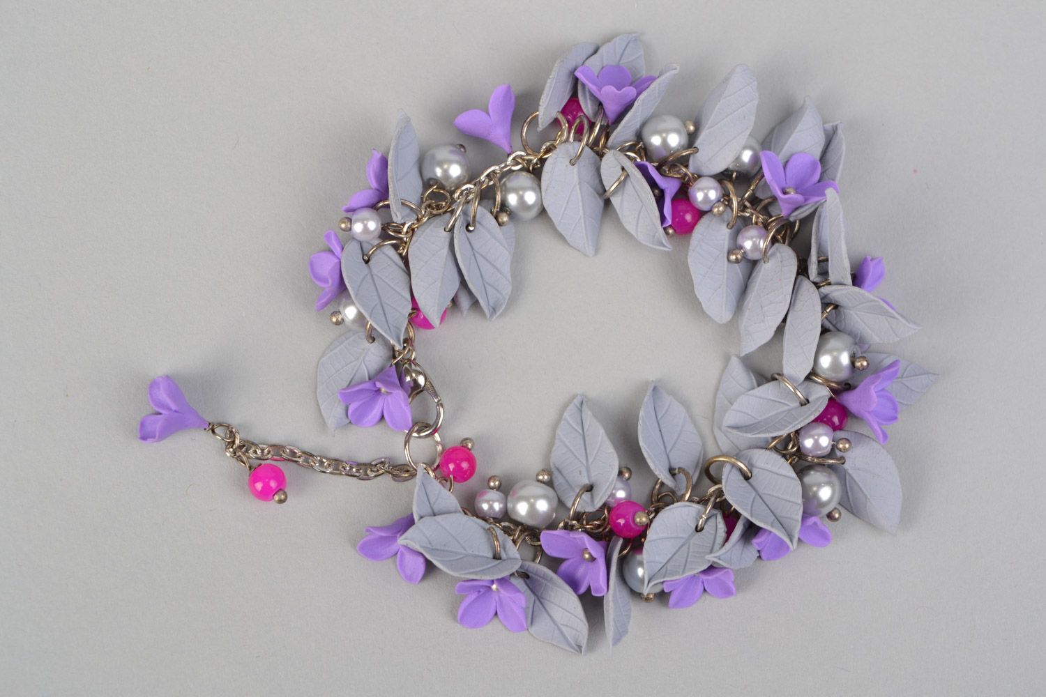Chain charm bracelet with violet lilac flowers and gray leaves photo 5