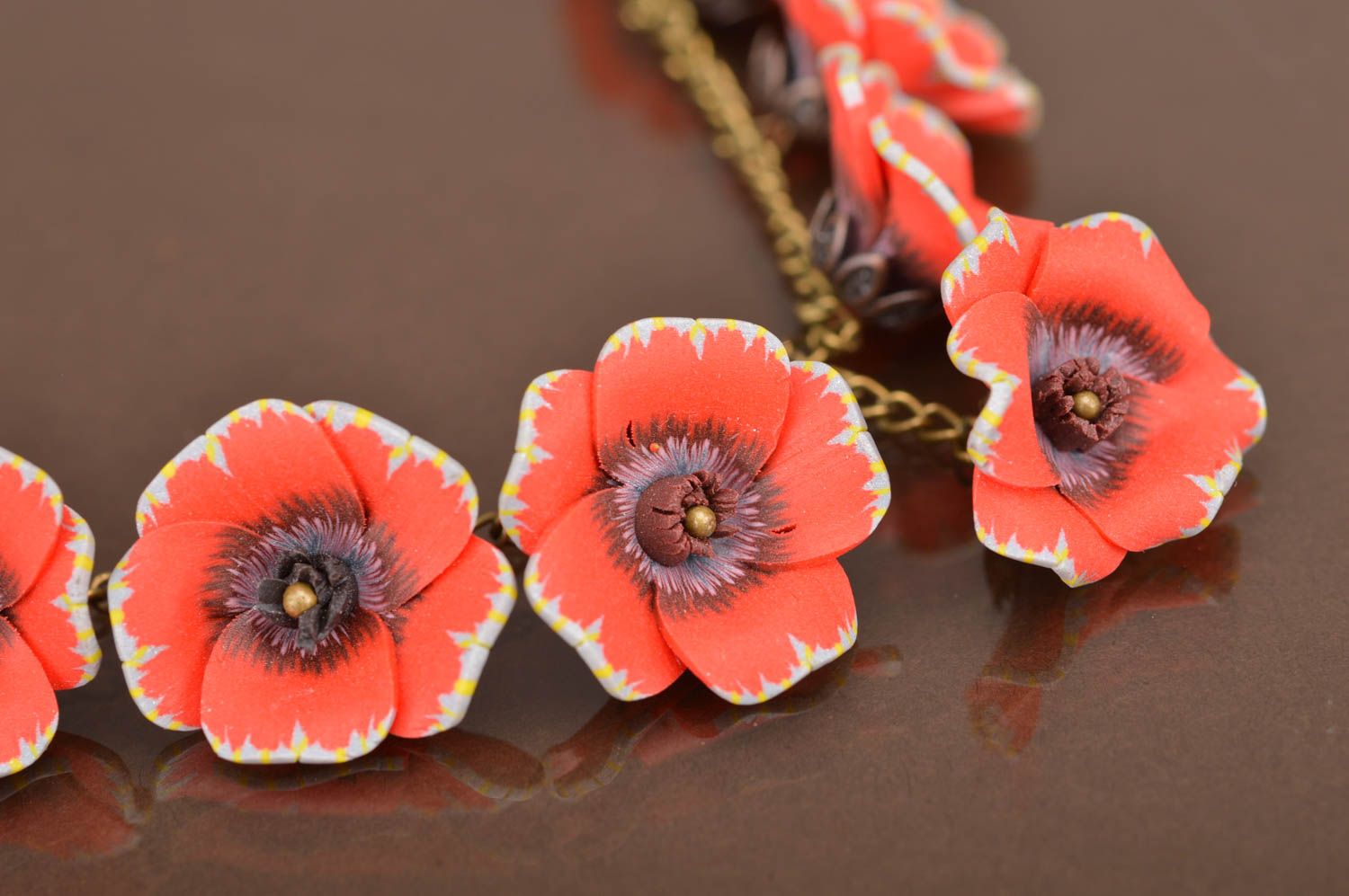 Handmade long necklace with flowers made of polymer clay on chain Red poppies photo 2