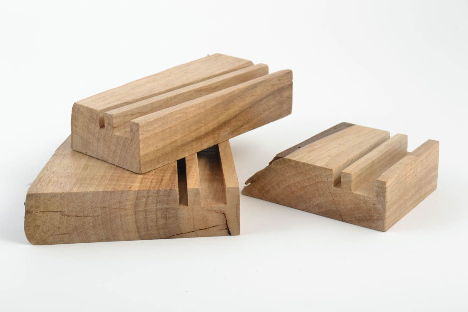 Set of 3 handmade designer wooden varnished holders for tablet and smartphone photo 4