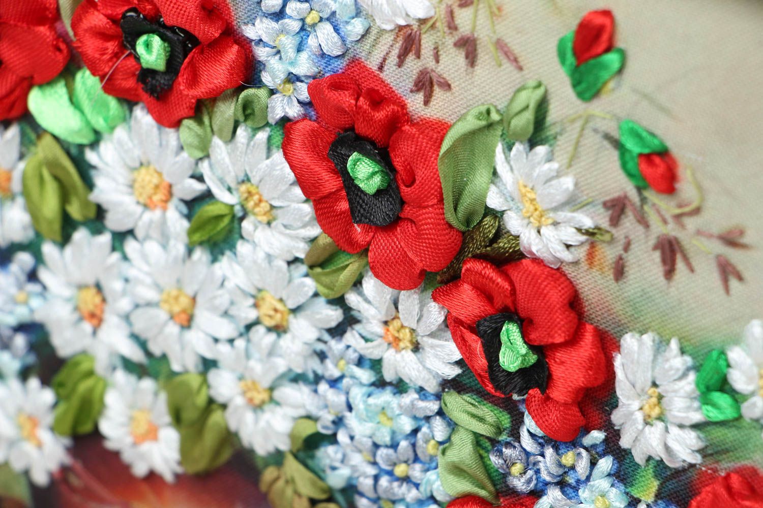 Picture embroidered with ribbons Poppies and Chamomiles photo 2