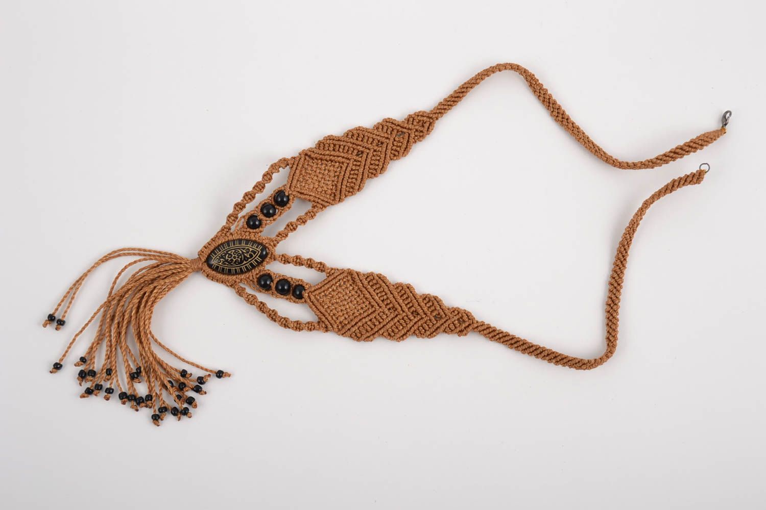 Beautiful brown macrame necklace with beads and tassel handmade accessory photo 4
