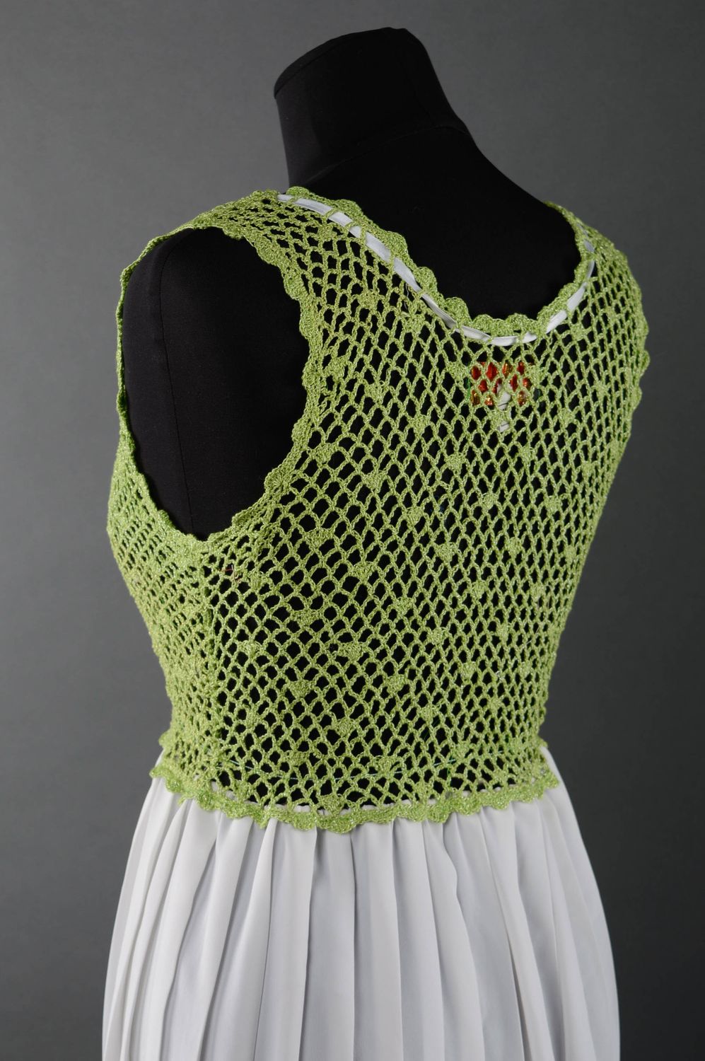 Summer crochet dress of olive color with white skirt photo 2