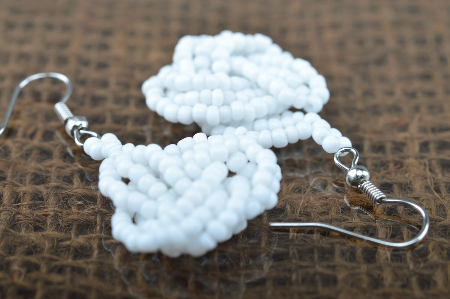 Unusual handmade white long earrings woven of Czech beads photo 4