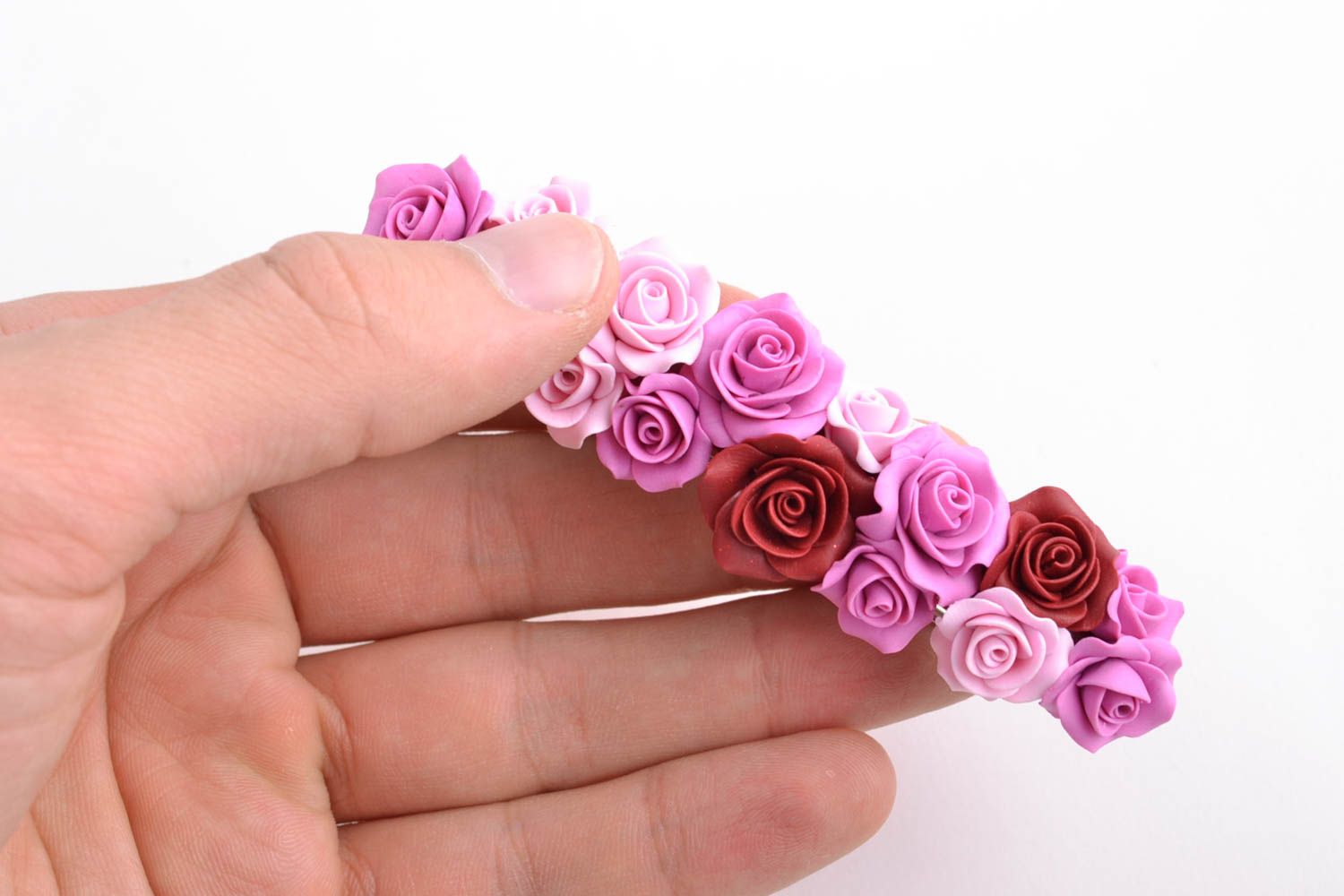 Barrette cheveux fleurs en pâte polymère faite main rose et violette pour femme photo 2