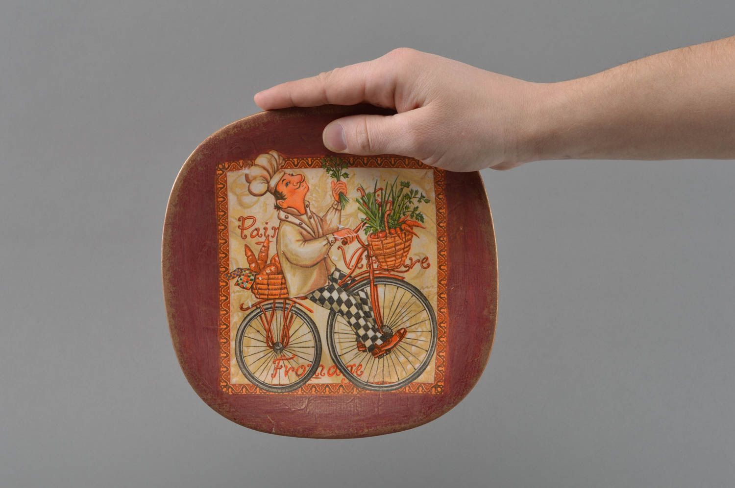Handmade decorative designer decoupage glass plate Chef on Bicycle for interior photo 4
