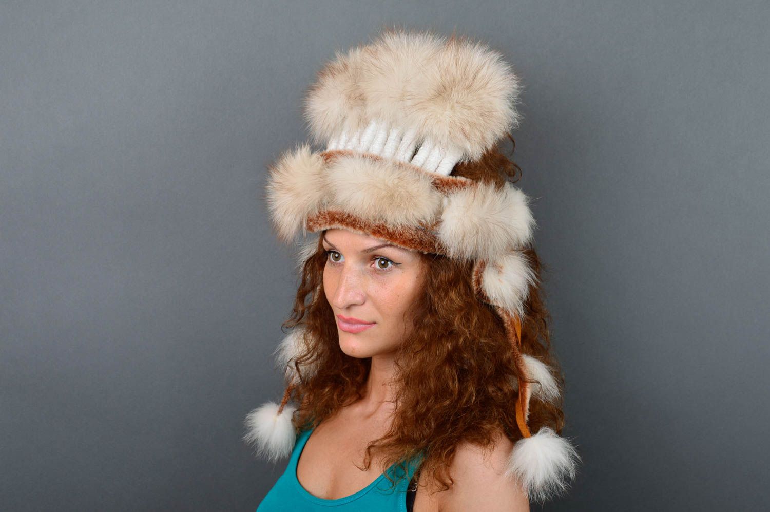 Зимняя шапка хэнд мейд теплая шапка с мехом лисы женский головной убор необычный фото 5