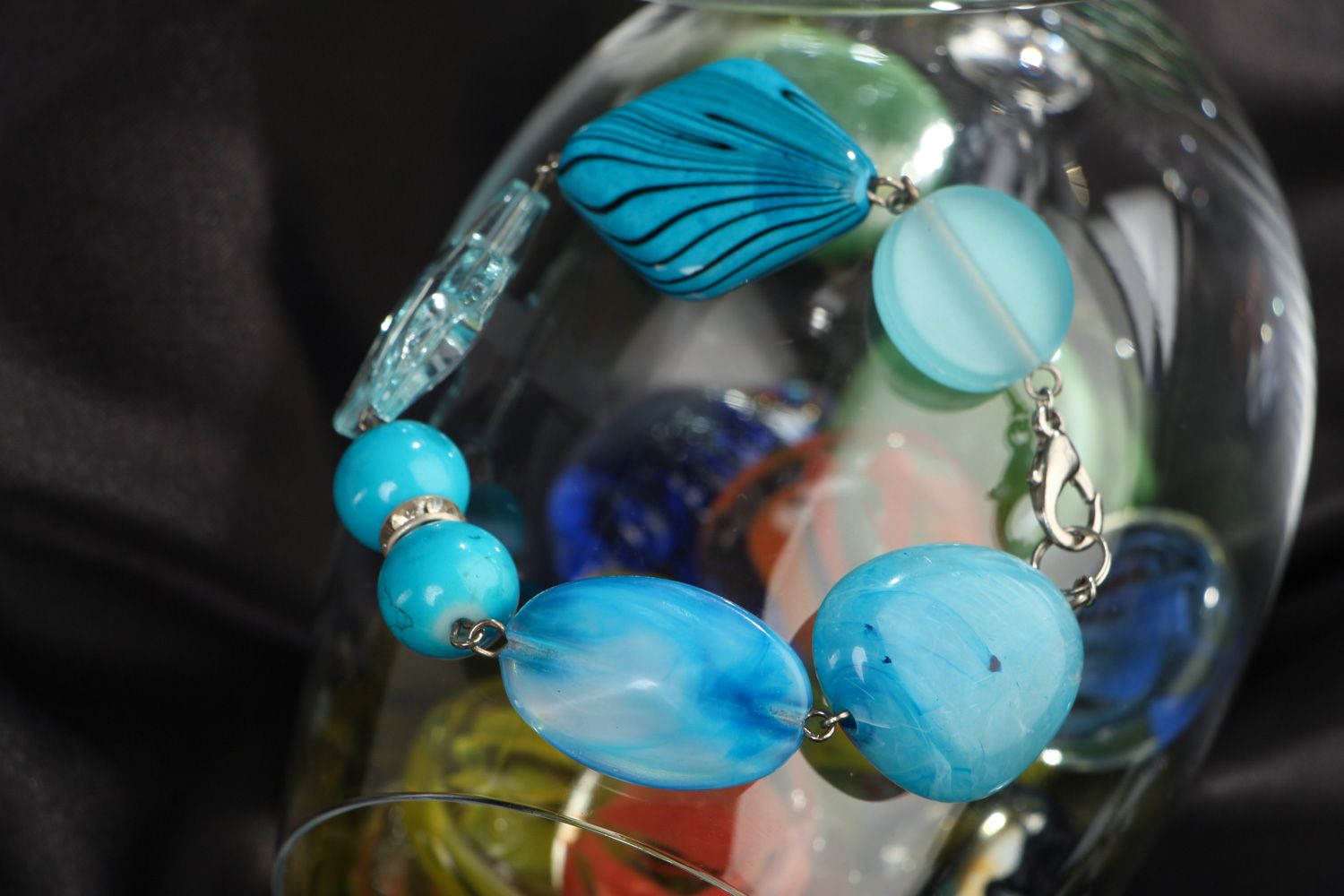 Handmade light blue wrist bracelet with plastic beads in marine style for women photo 3