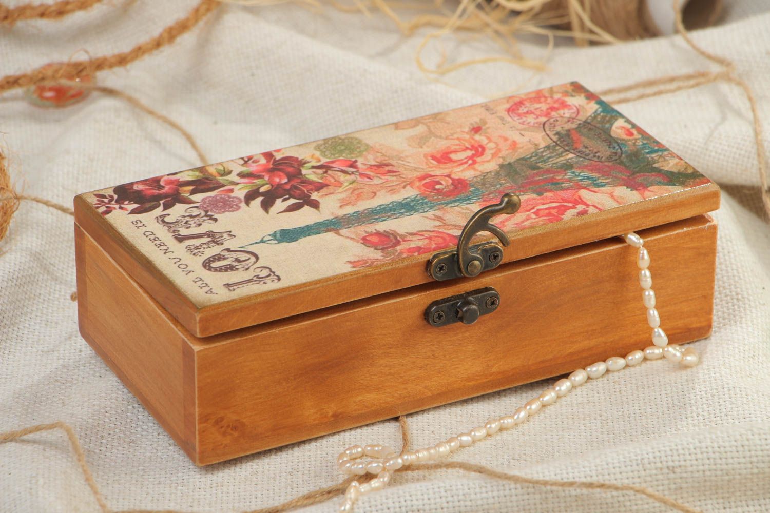Handmade rectangular wooden jewelry box covered with wood stain and painted with acrylics photo 1