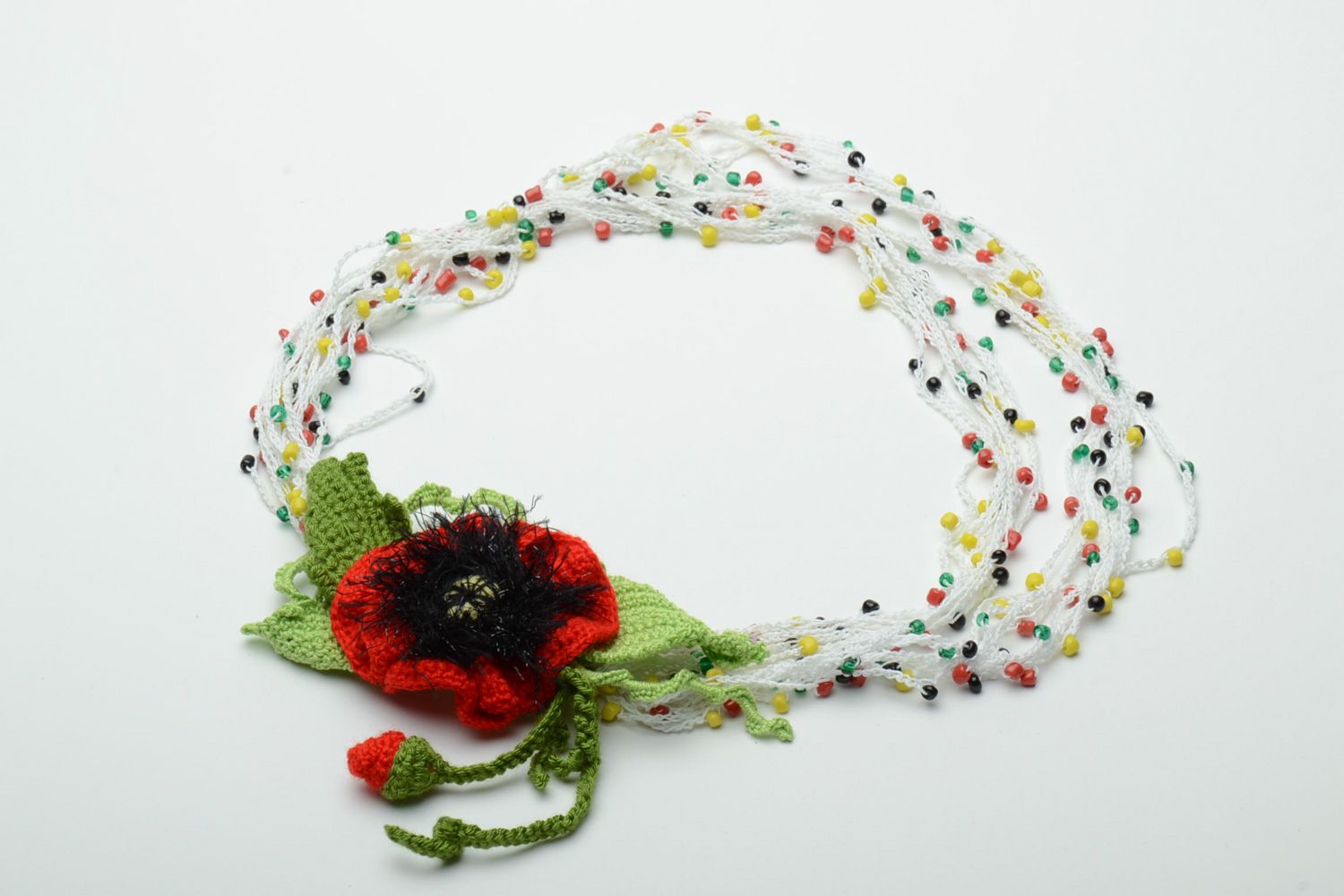 Acrylic and cotton hand crochet necklace with poppy flower photo 2