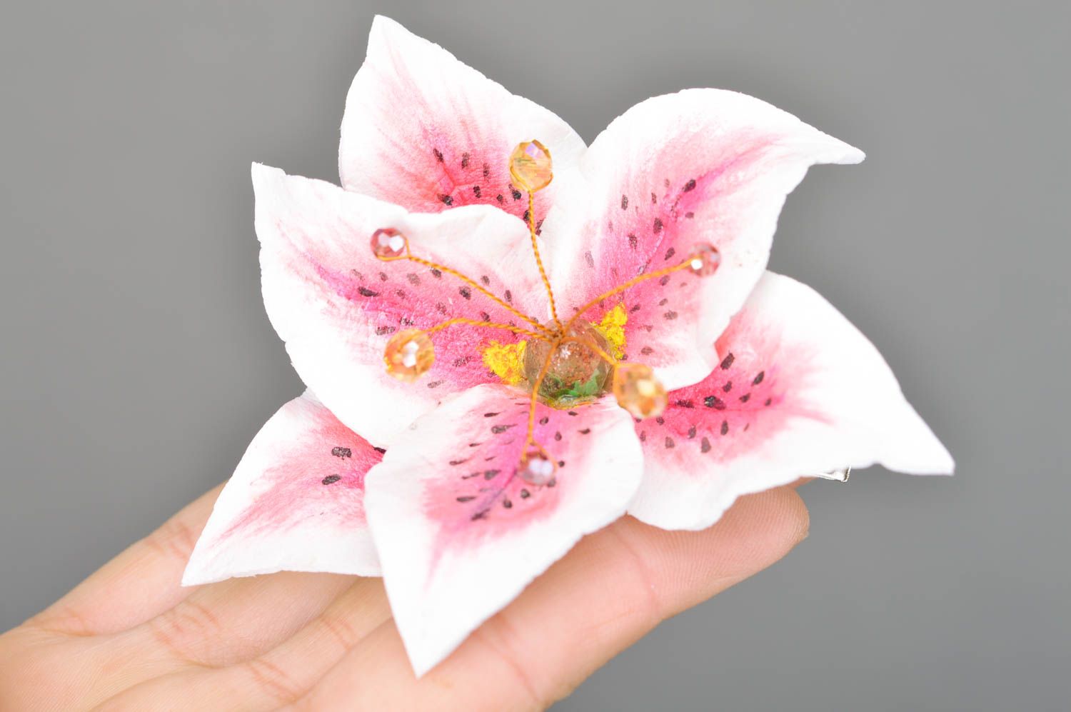 Handmade beautiful hair clip made of foamiran fancy white lily stylish accessory photo 3