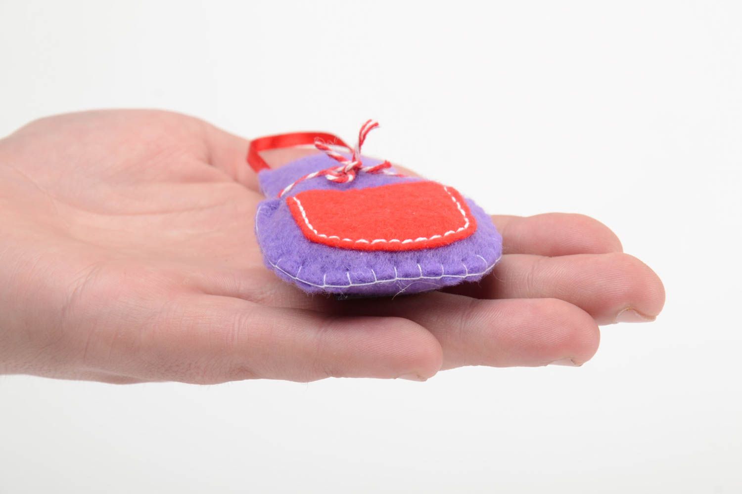 Handmade small felt soft toy fridge magnet bright violet apron with red pocket photo 5