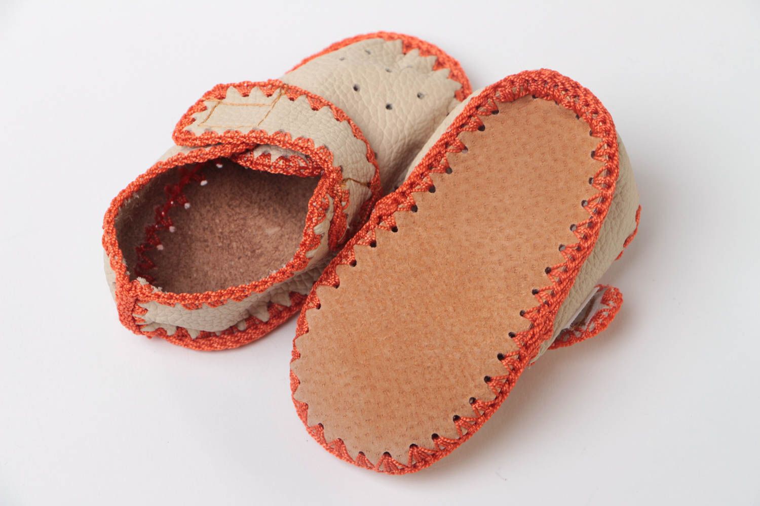 Handmade light soft leather baby shoes stitched with orange threads with velcro photo 4
