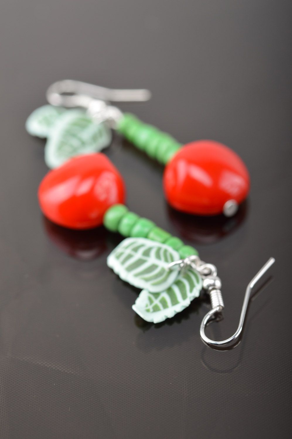 Homemade long polymer clay earrings with charms in the shape of cherries photo 4