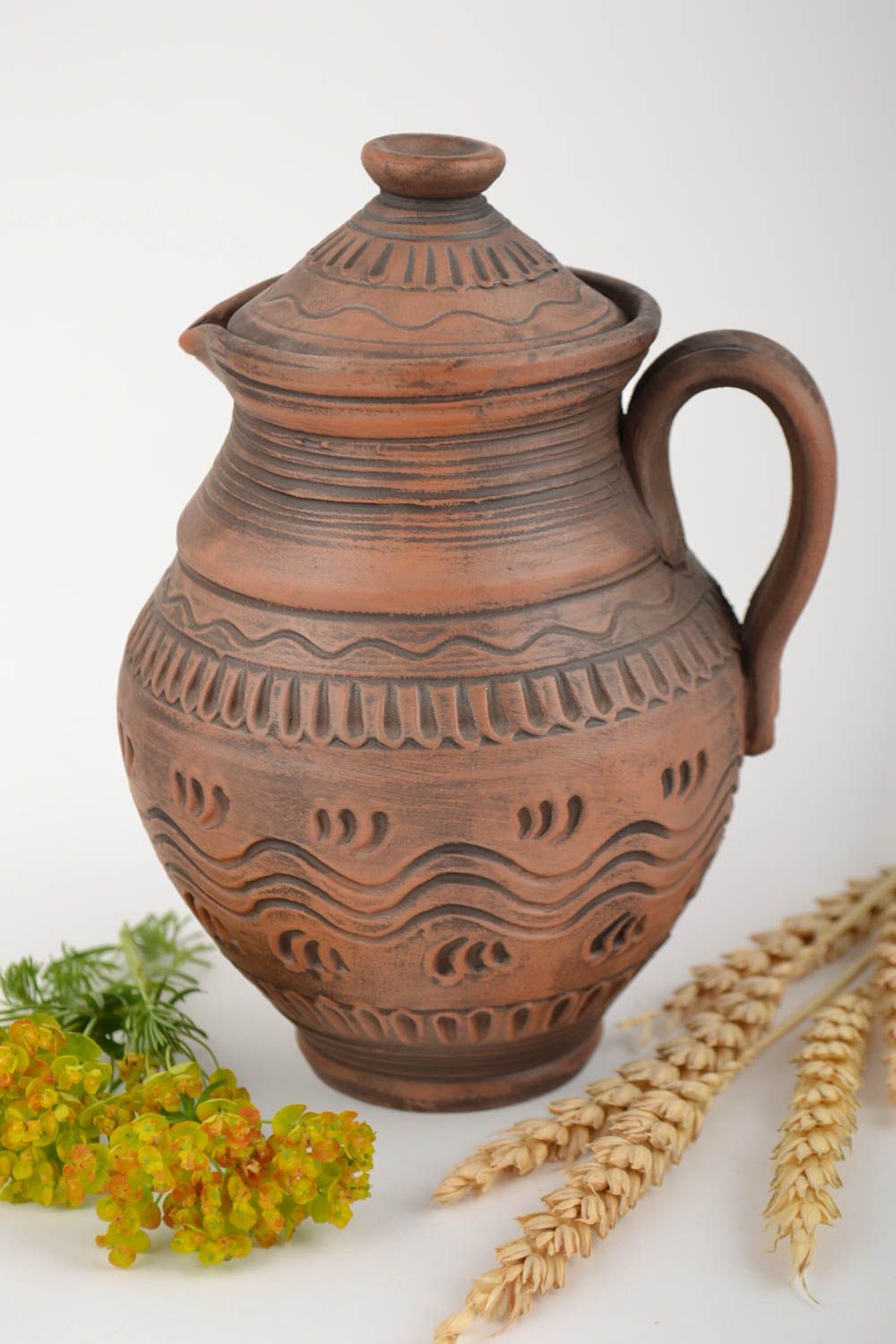 15 oz handmade ceramic brown pitcher with handle and lid 0,82 lb photo 1