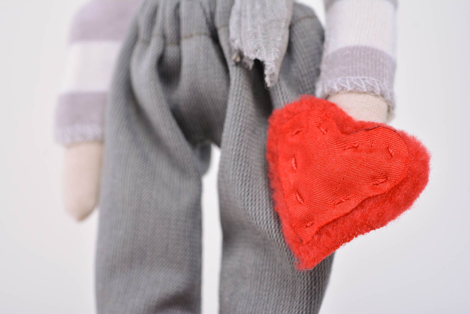 Handmade designer interior fabric soft toy boy with gray scarf and red heart photo 5