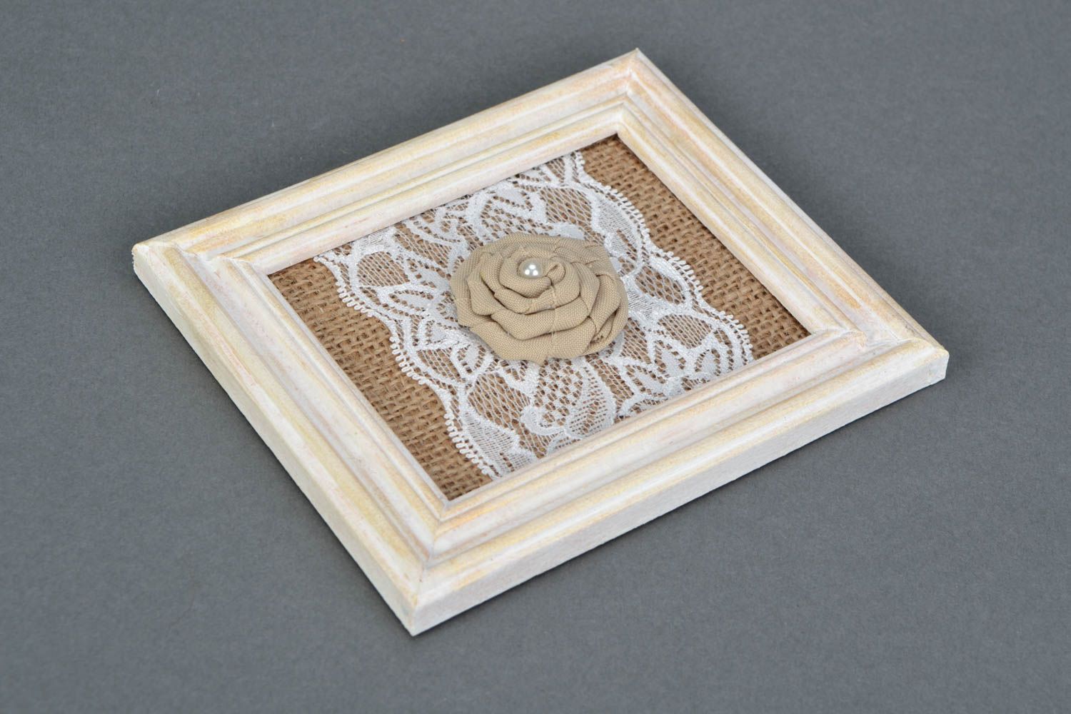 Handmade square wall panel on burlap basis in wooden frame with fabric rose photo 4