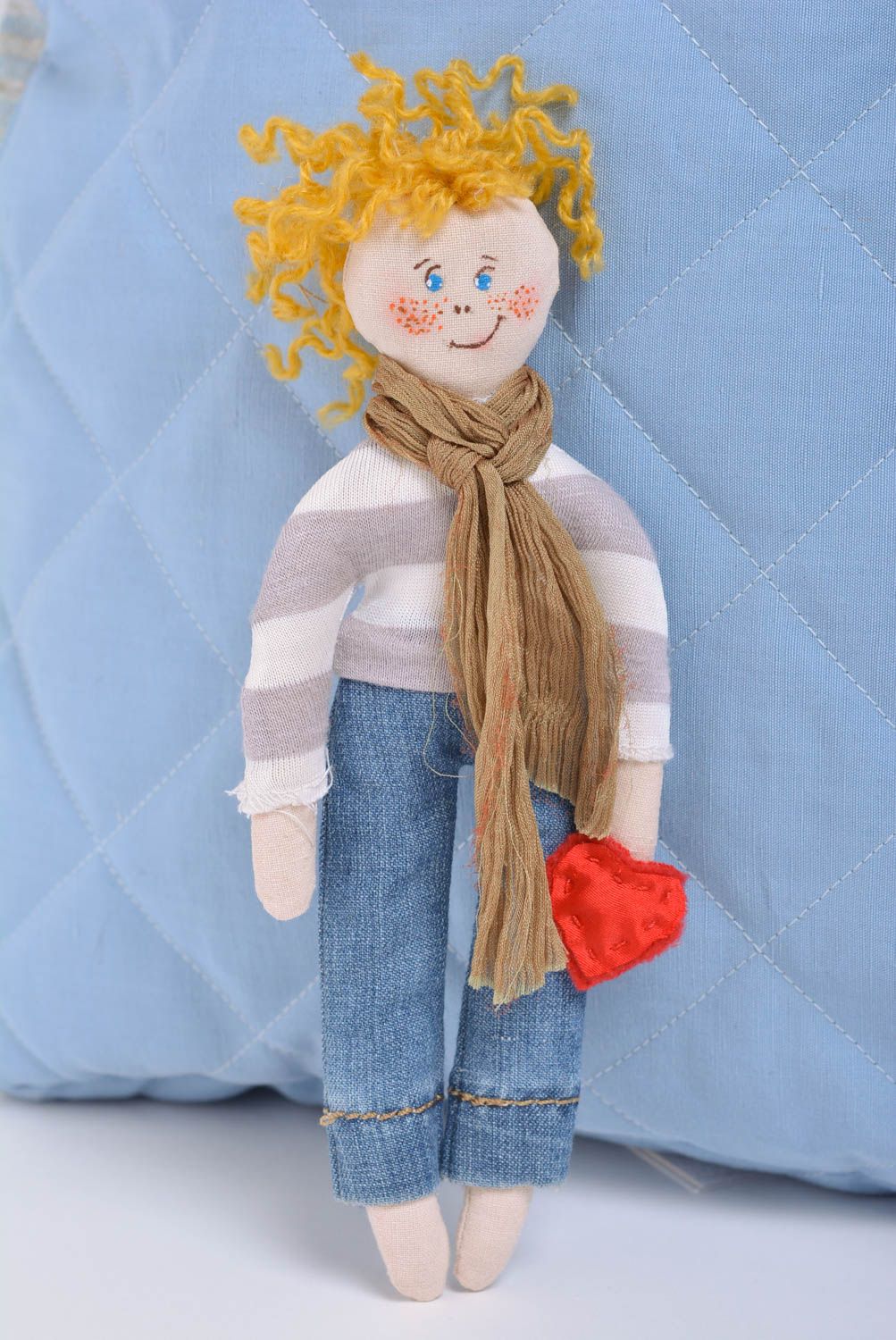 Handmade designer interior fabric soft toy boy with light curly hair in sweater photo 1