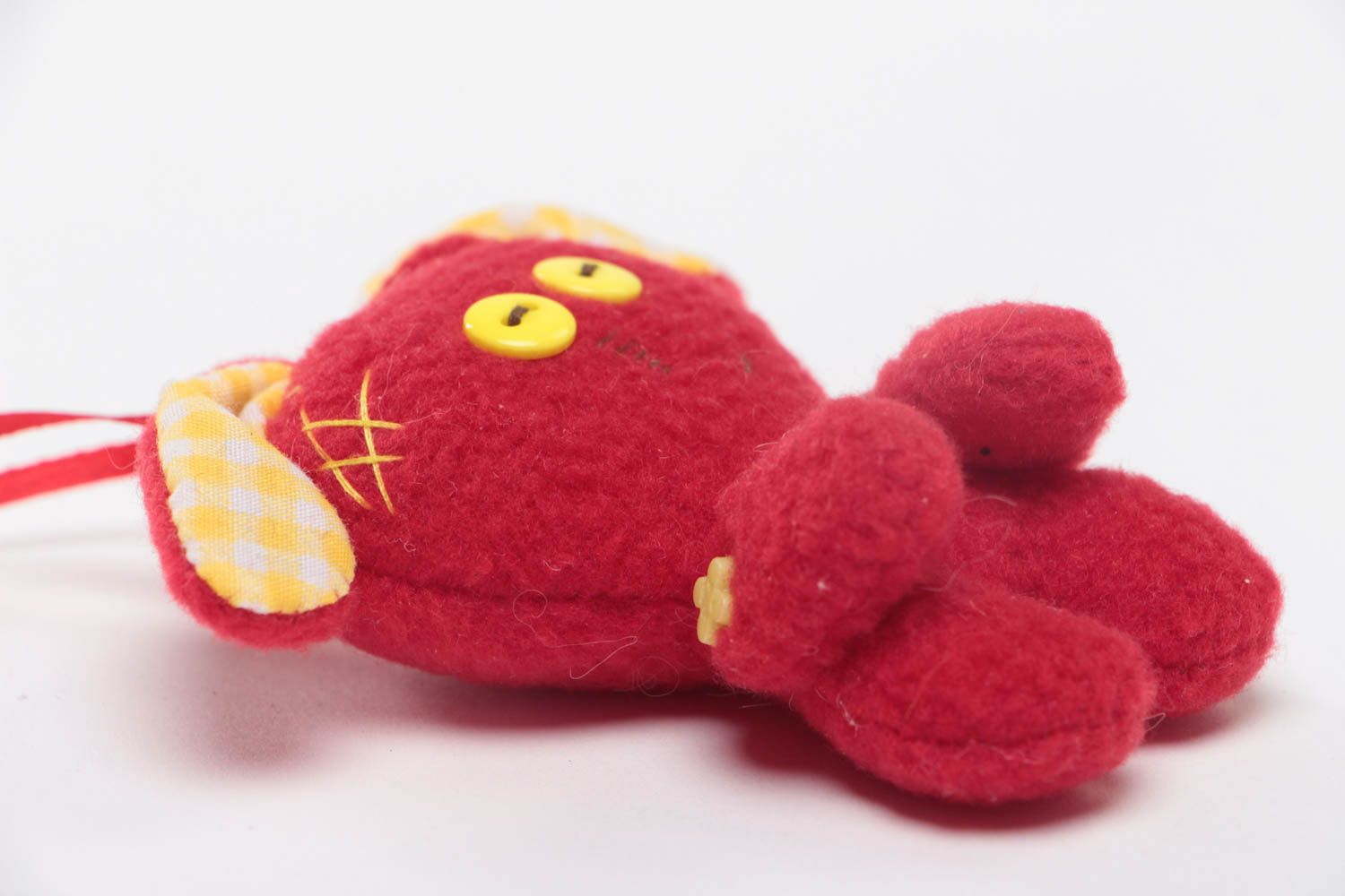 Handmade tiny soft toy red rabbit sewn of fleece with eyelet for interior  photo 3