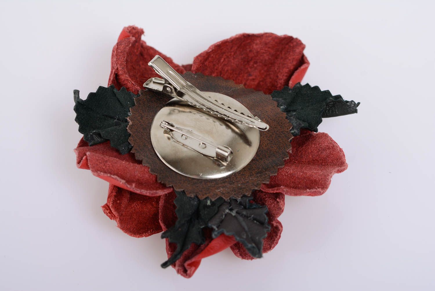 Handmade stylish volume leather flower brooch hair clip of red color photo 3
