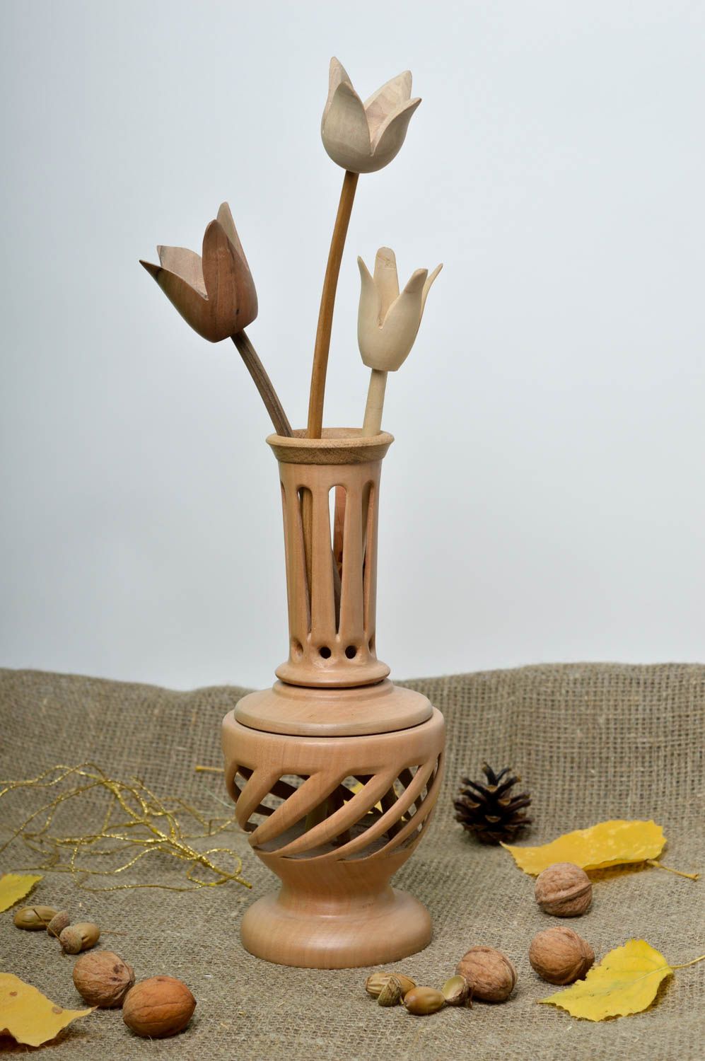 Vase décoratif avec Fleurs en bois fait main Déco maison originale Cadeau femme photo 1