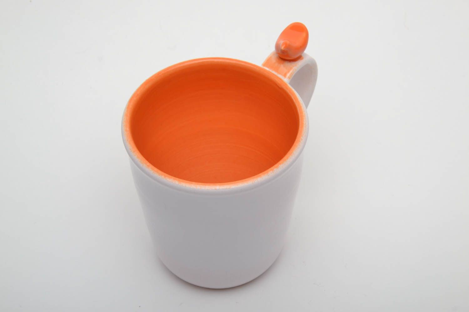 White ceramic porcelain drinking 8 oz cup with handle and orange color inside photo 4