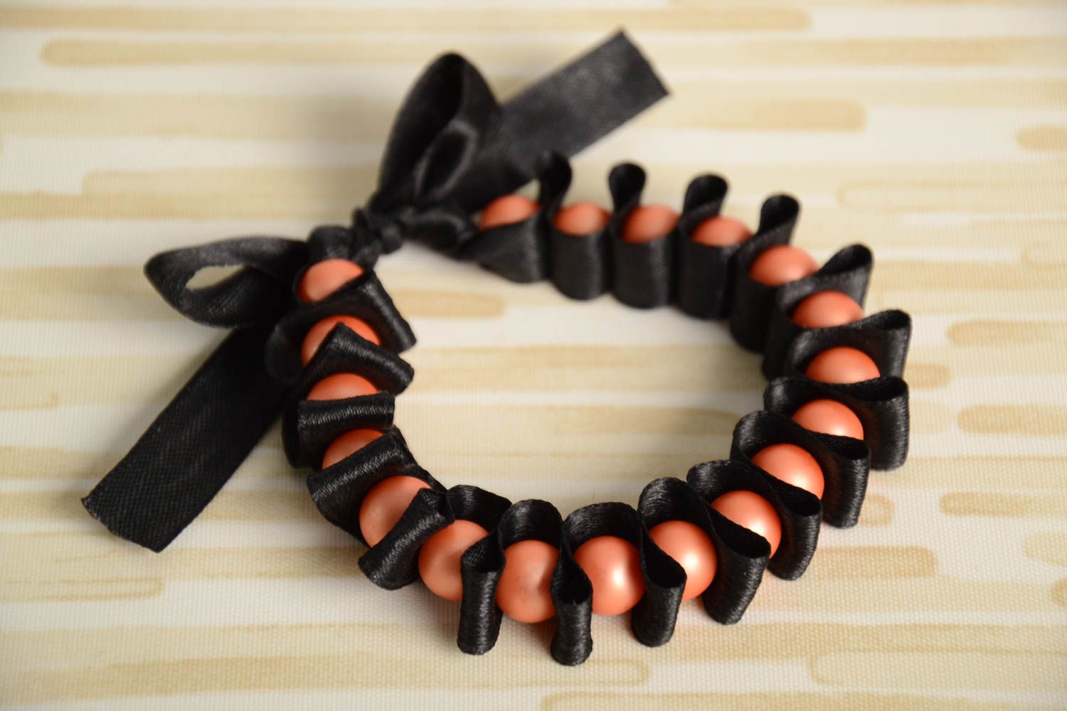 Handmade black wrist bracelet woven of satin ribbon and glass beads Lady photo 1