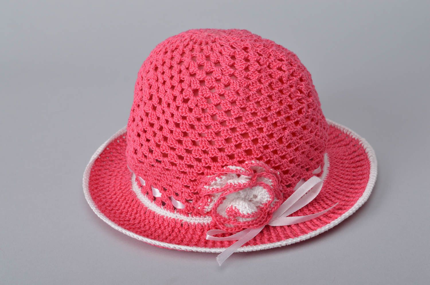 Детская шляпа ручной работы вязаная шляпа головной убор для ребенка розовая фото 7