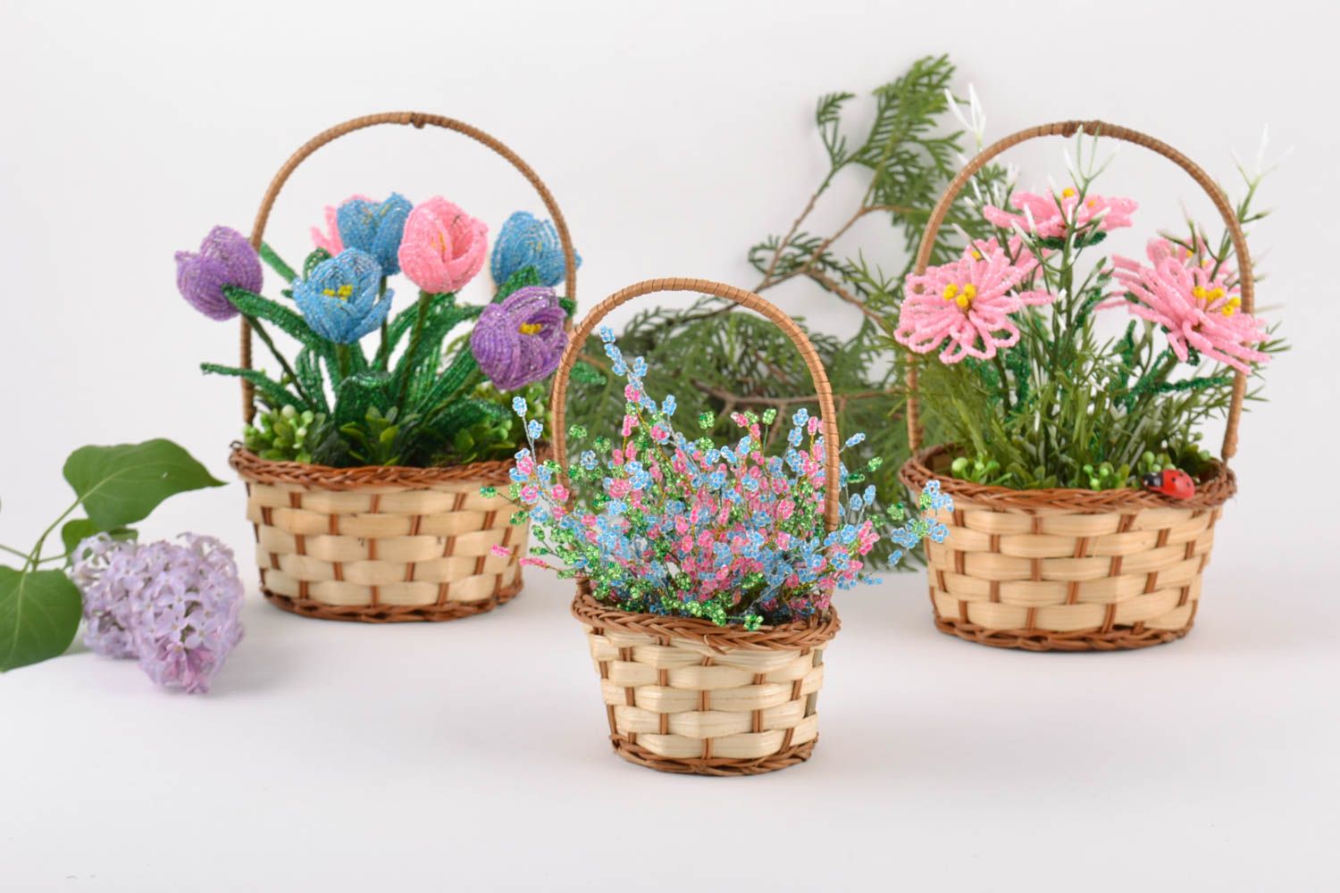 Set of 3 decorative baskets with handmade beaded pink blue and violet flowers  photo 1