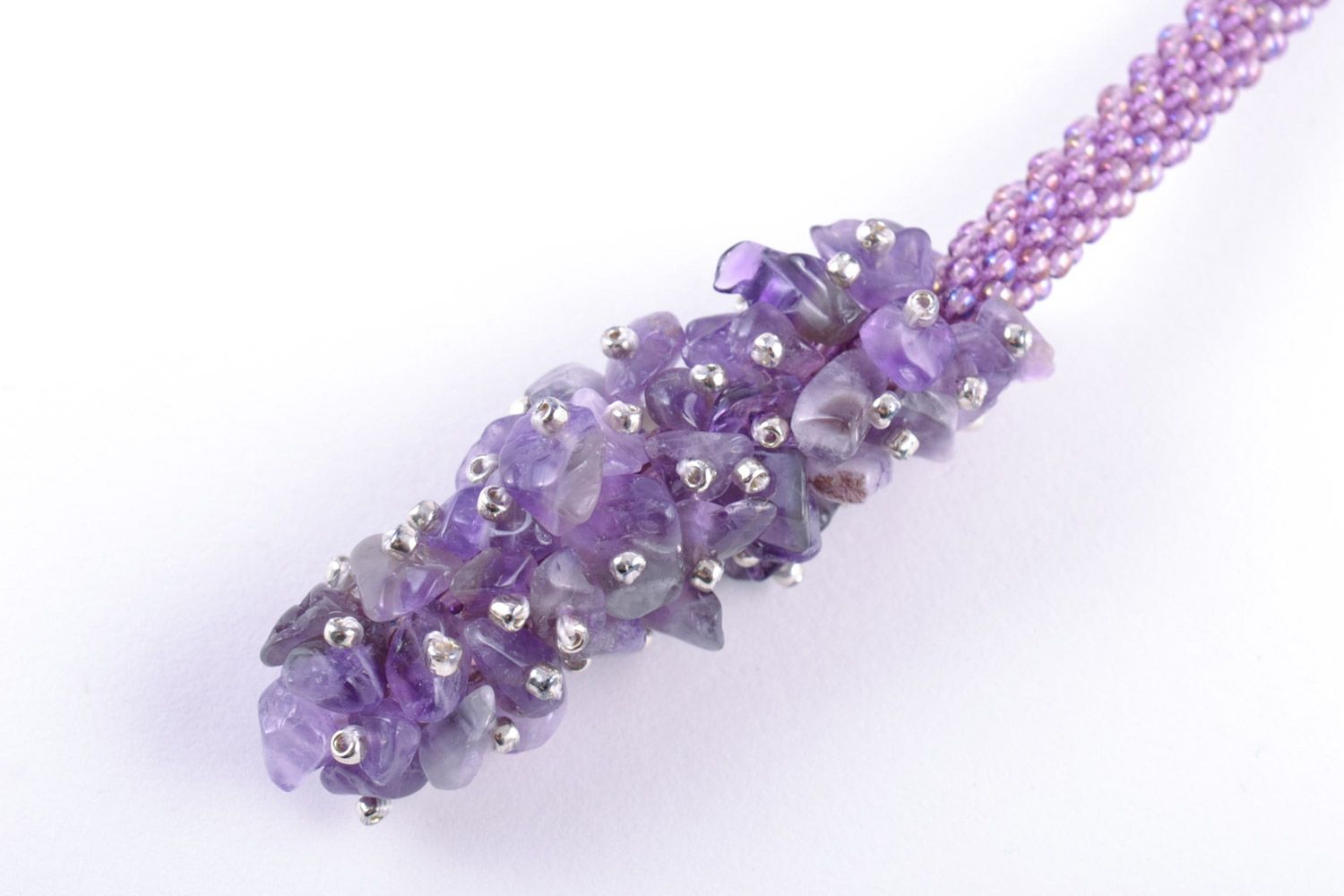 Handmade violet beautiful women's necklace woven of beads and natural amethyst photo 4