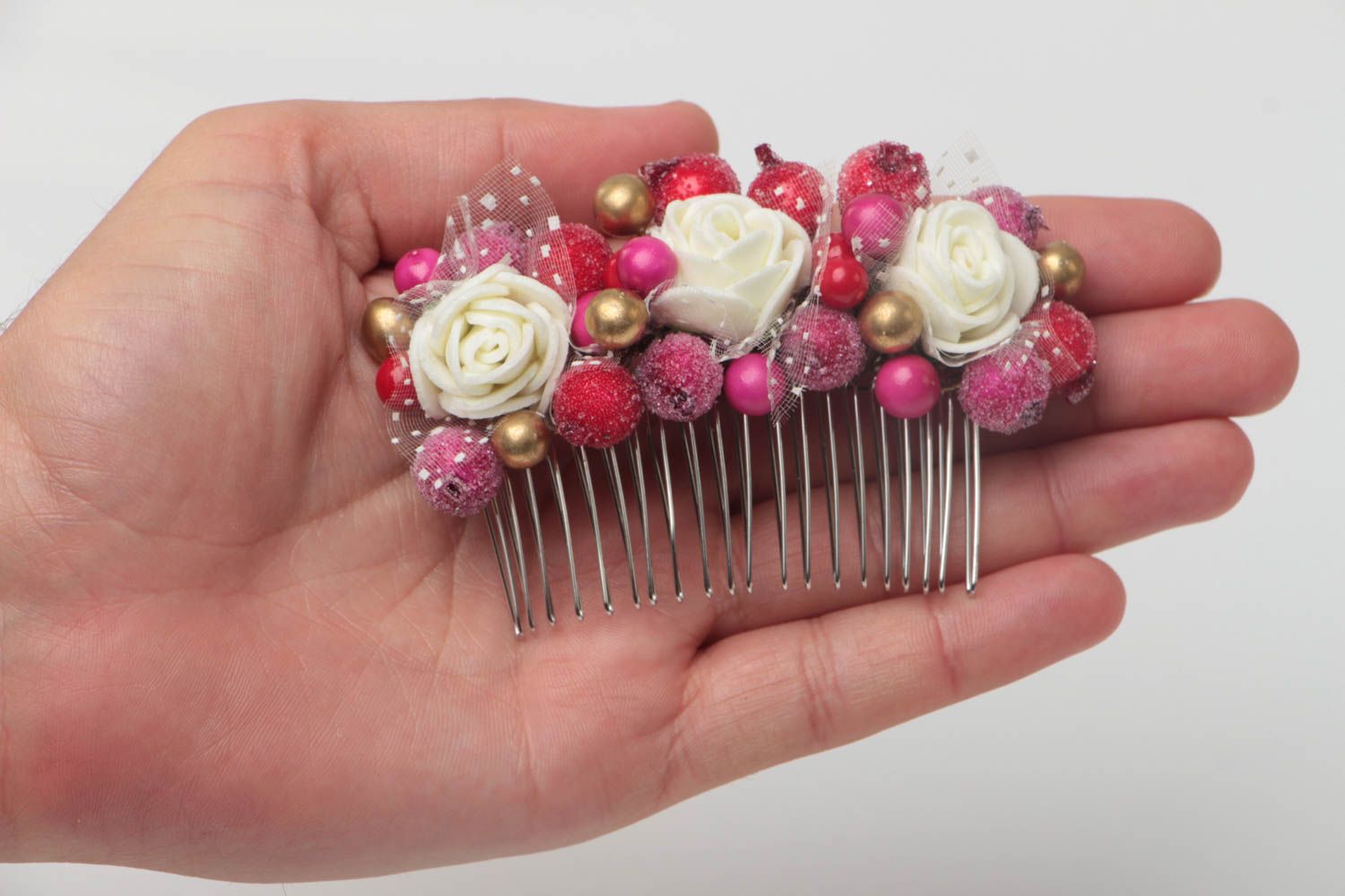 Handmade metal decorative hair comb with artificial colorful berries and flowers photo 5