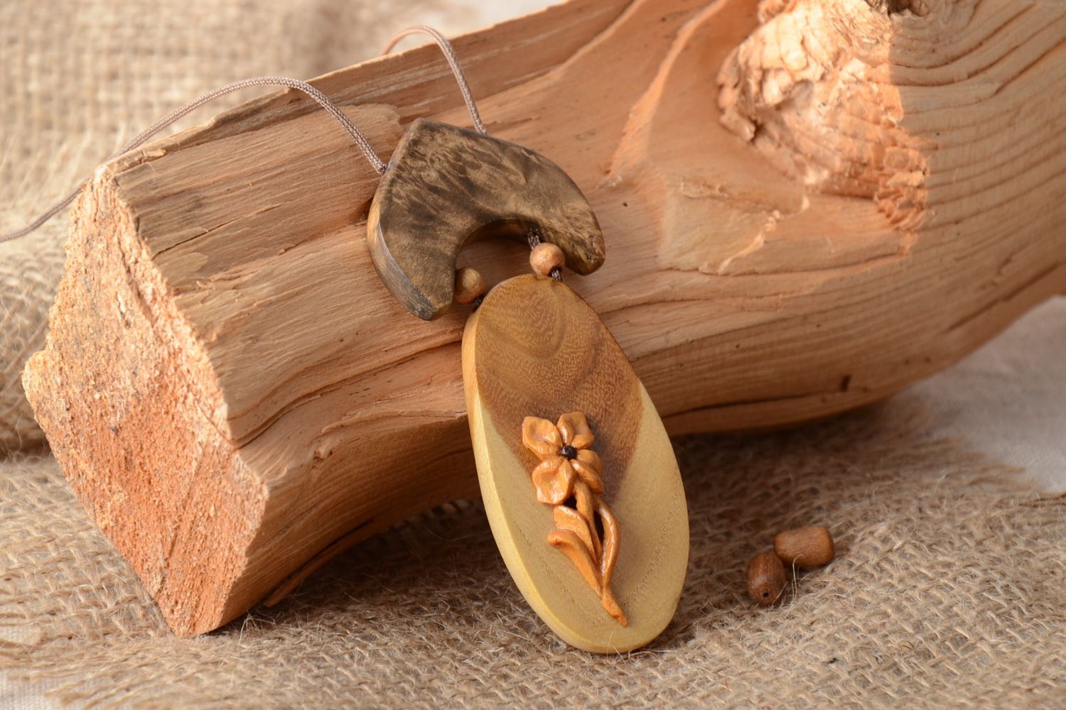 Magnificent handmade carved of wood neck pendant with volume flower for women photo 1