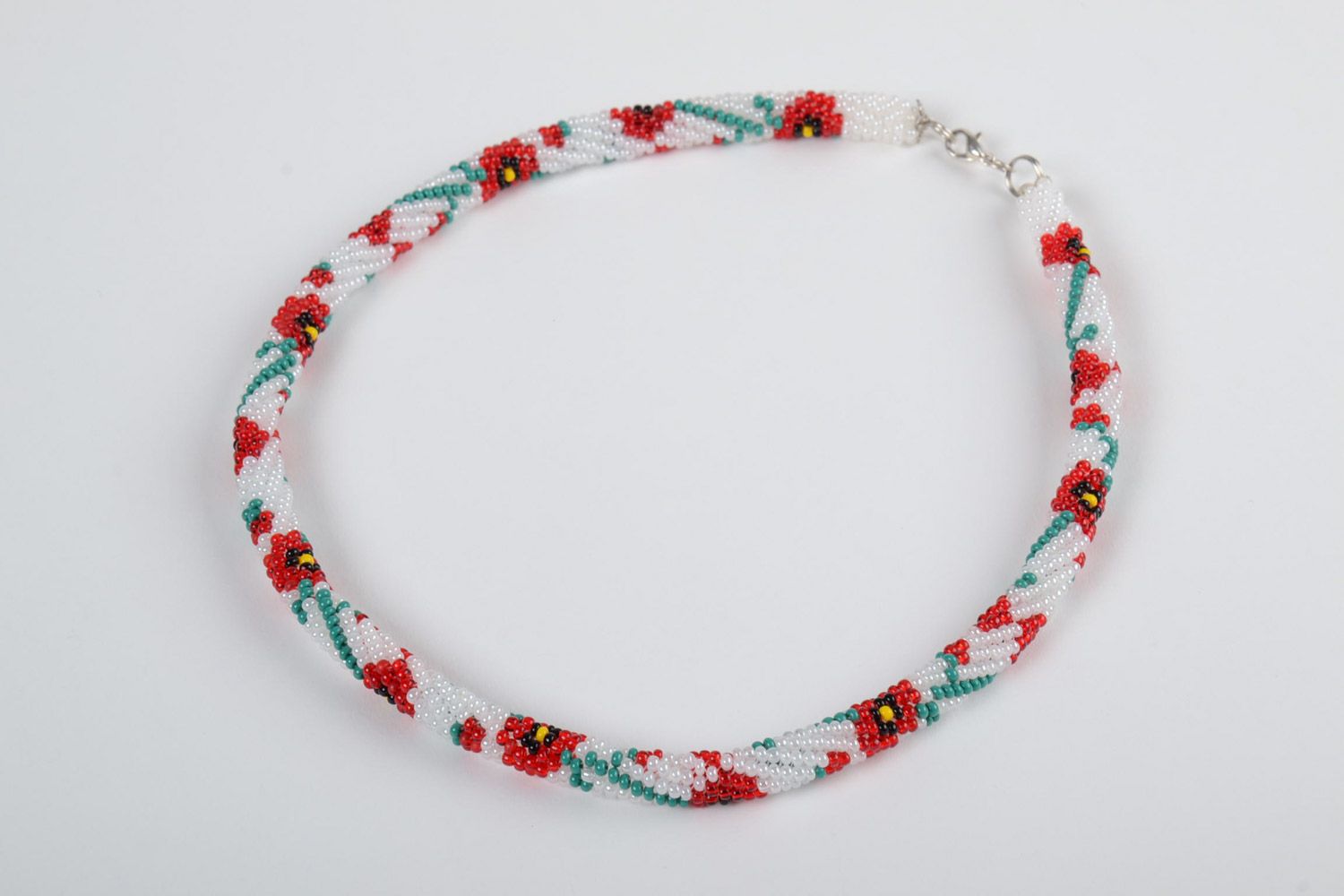 Beautiful gentle handmade beaded cord necklace of white color with flower print photo 2