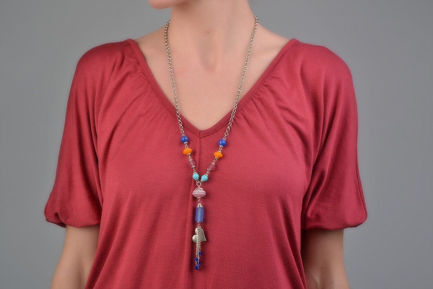Handmade long metal chain necklace with colorful glass and ceramic beads  photo 1