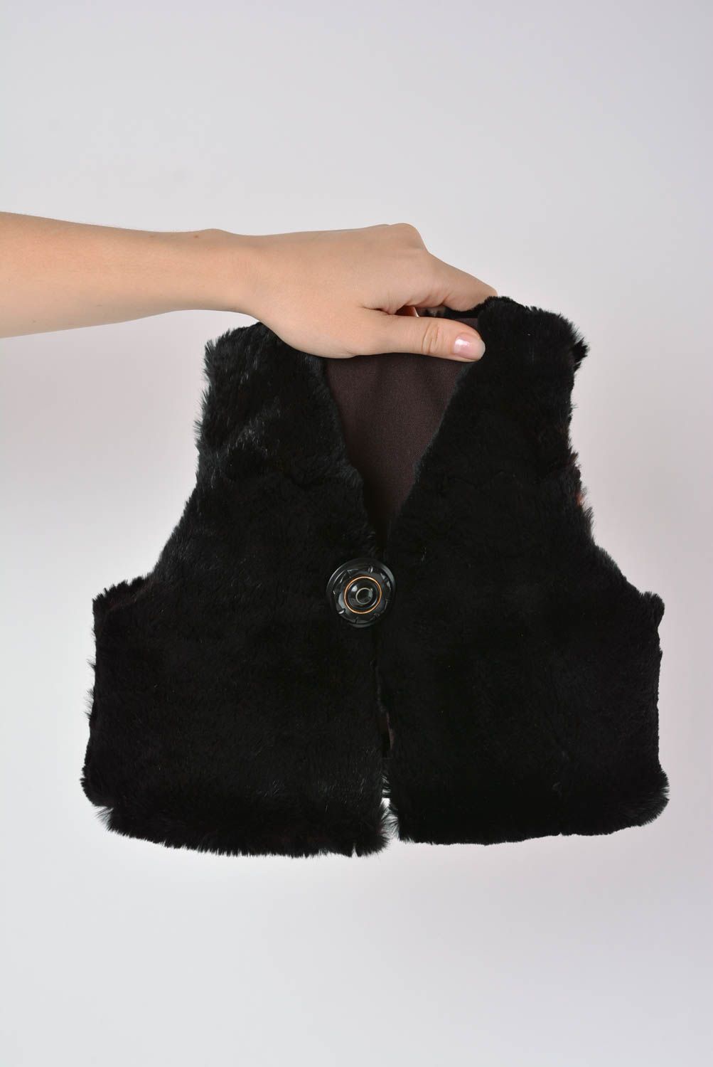 Handmade black warm faux fur vest for kids with big plastic button photo 2