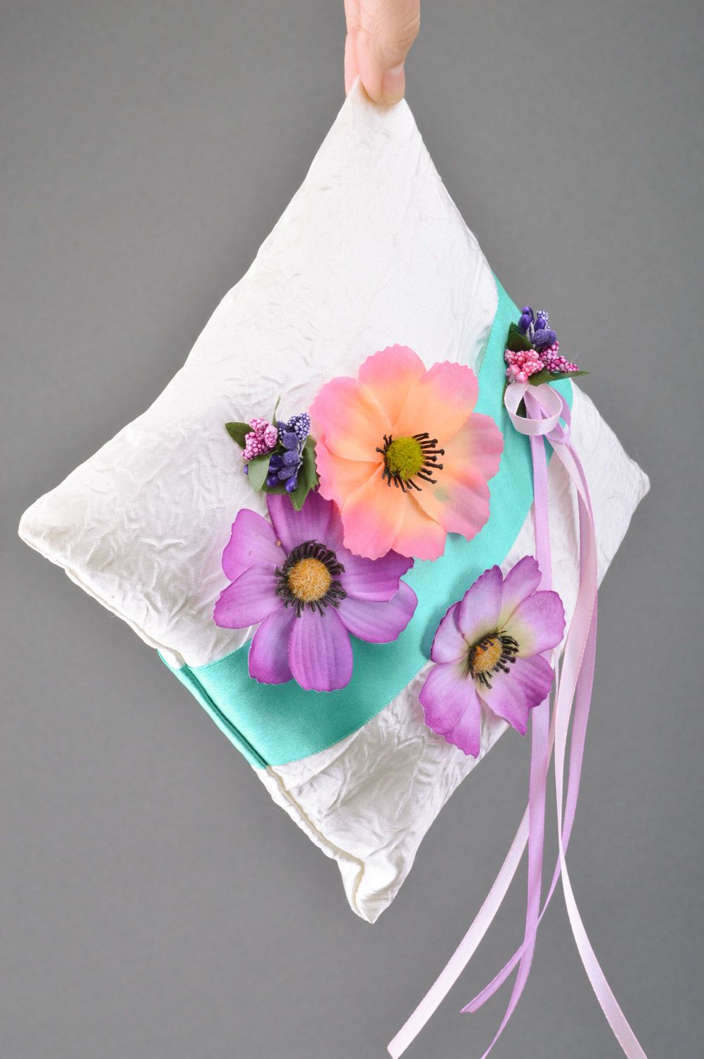 Large beautiful handmade ring pillow sewn of white satin fabric with flowers photo 3