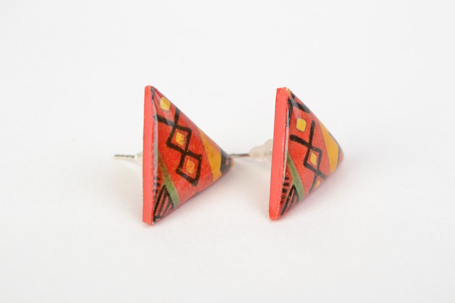 Handmade colorful triangle jewelry glaze stud earrings with ethnic ornaments photo 1